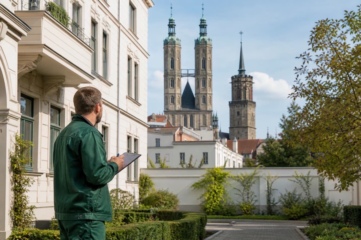 Hausmeister bei der Objektbetreuung mit Blick auf Halle (Saale)