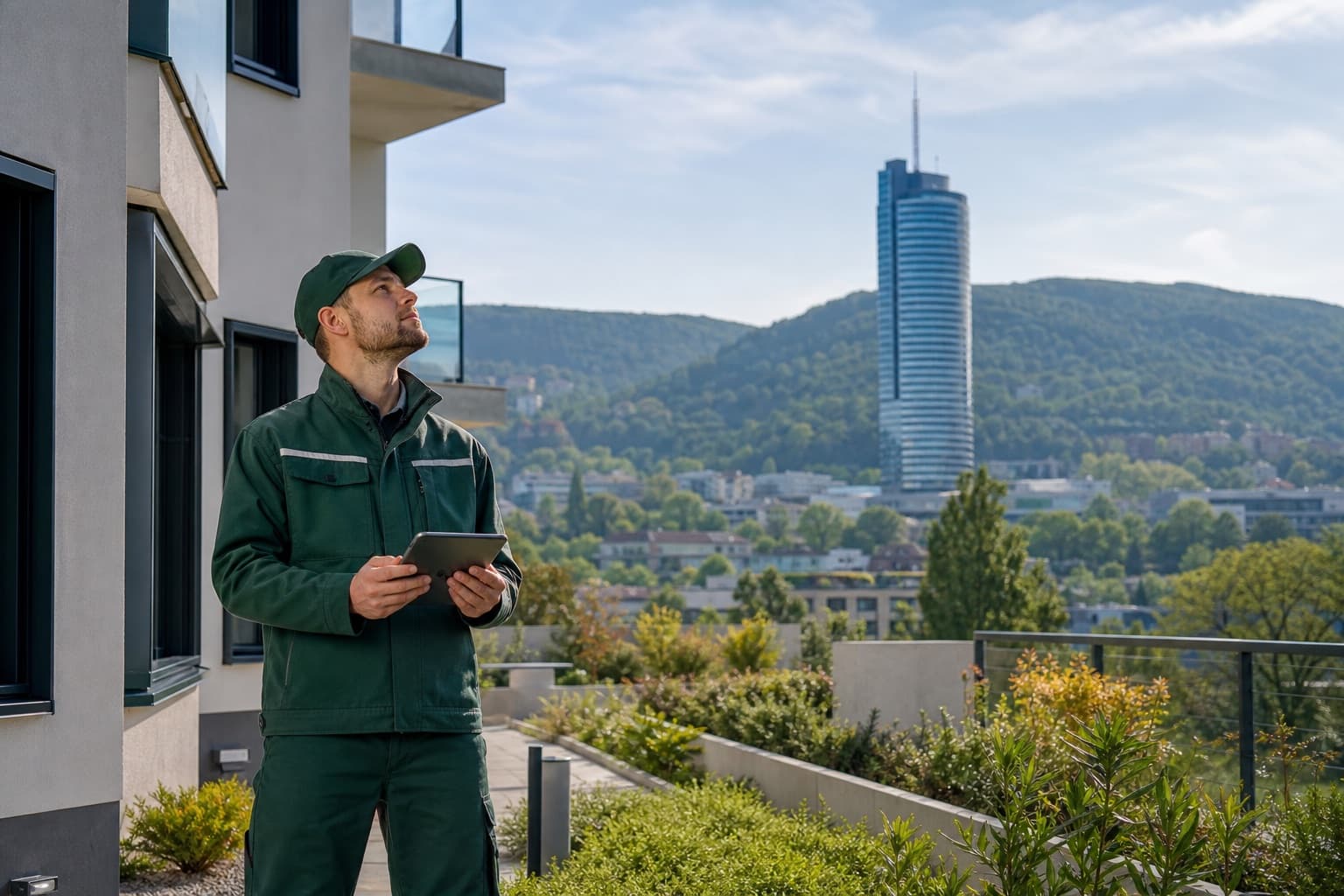 Hausmeister bei der Objektbetreuung mit Blick auf Jena