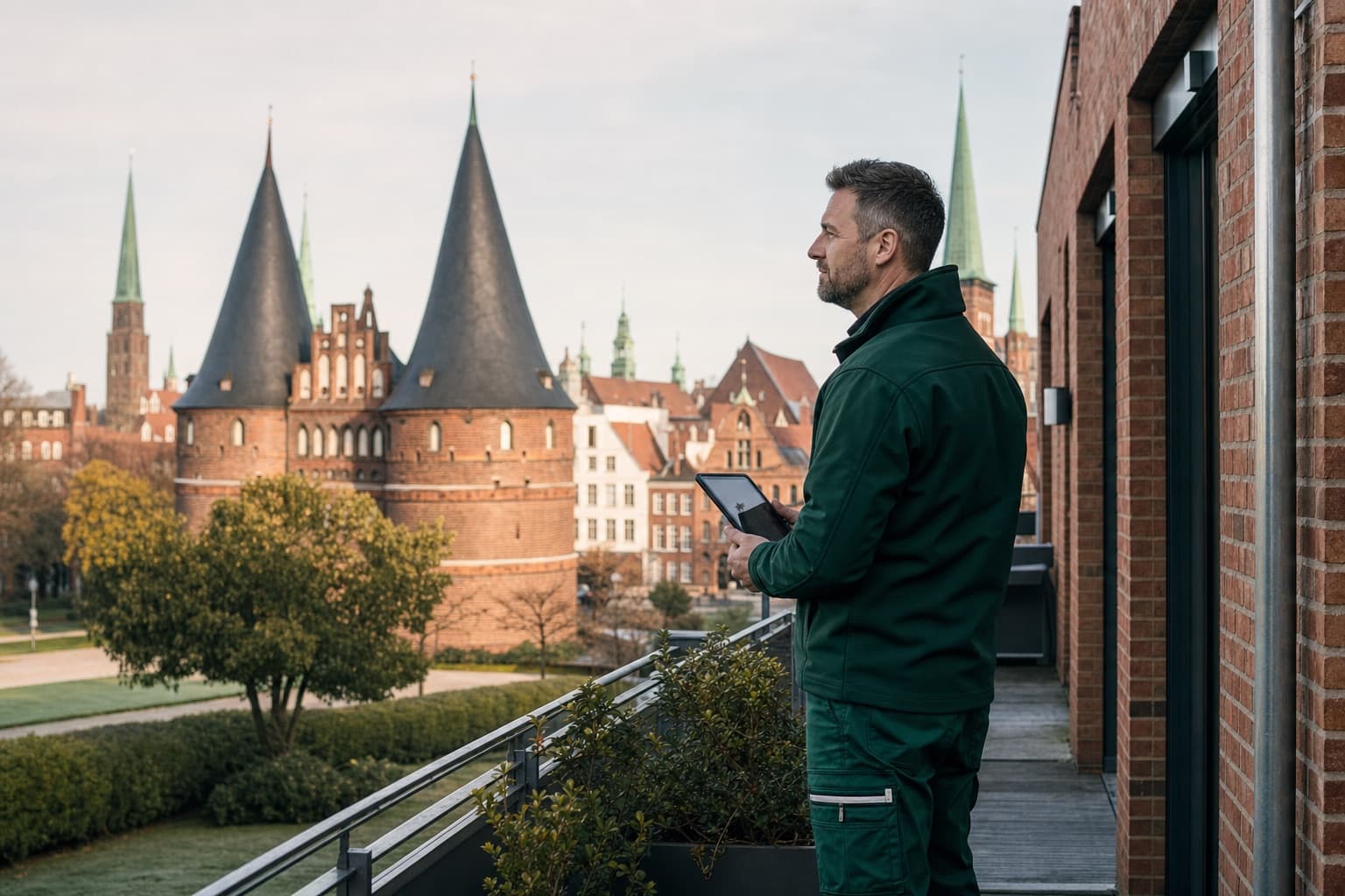 Hausmeister bei der Objektbetreuung mit Blick auf Lübeck