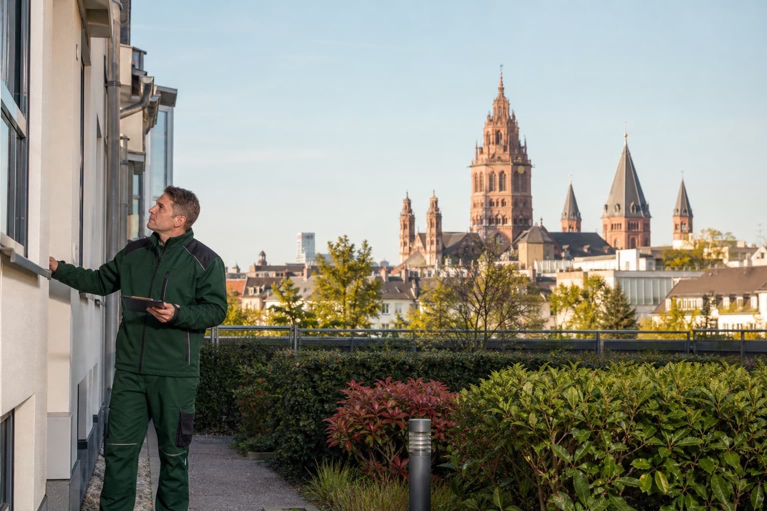 Hausmeister bei der Objektbetreuung mit Blick auf Mainz