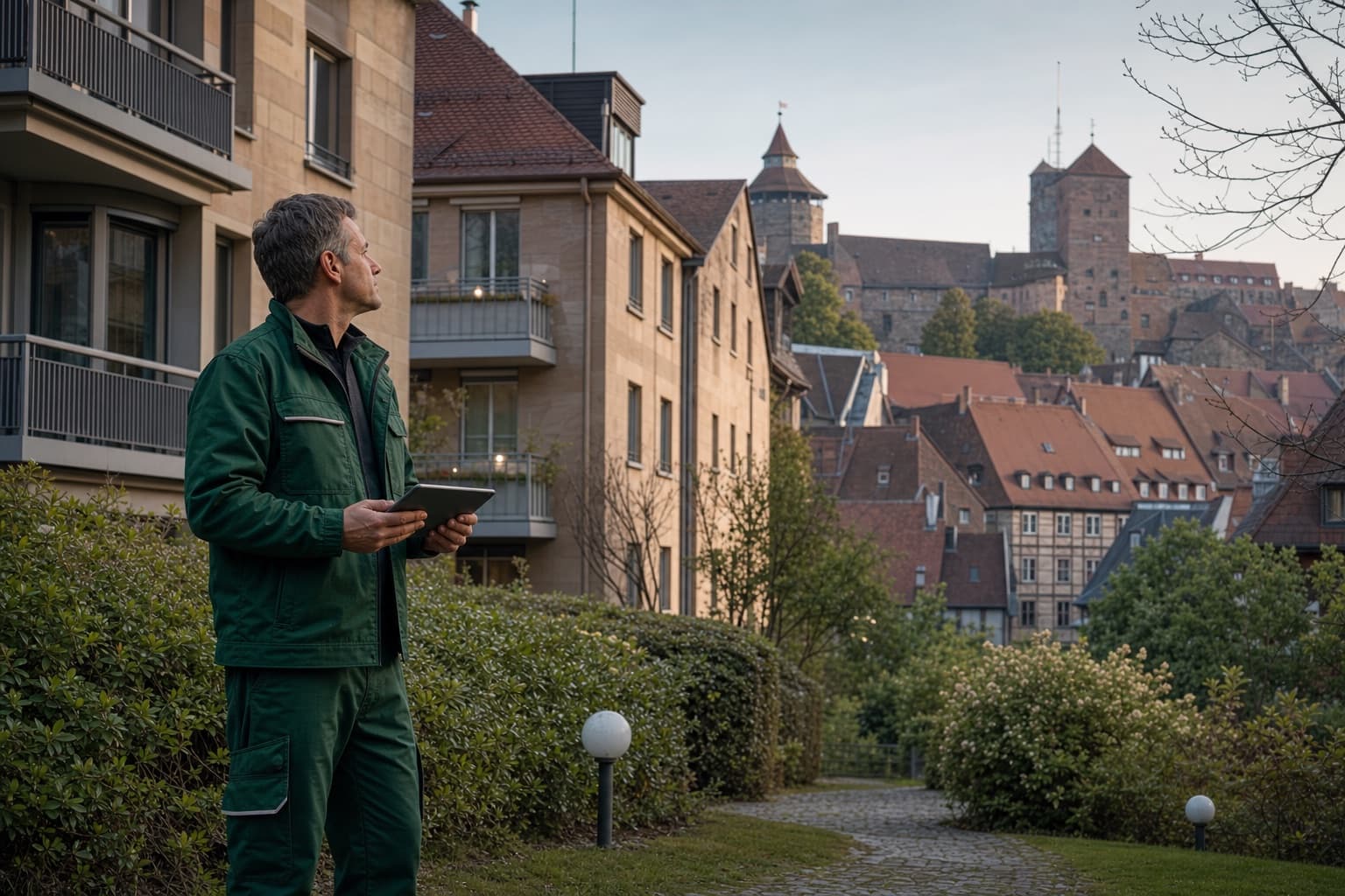 Hausmeister bei der Objektbetreuung mit Blick auf Nürnberg